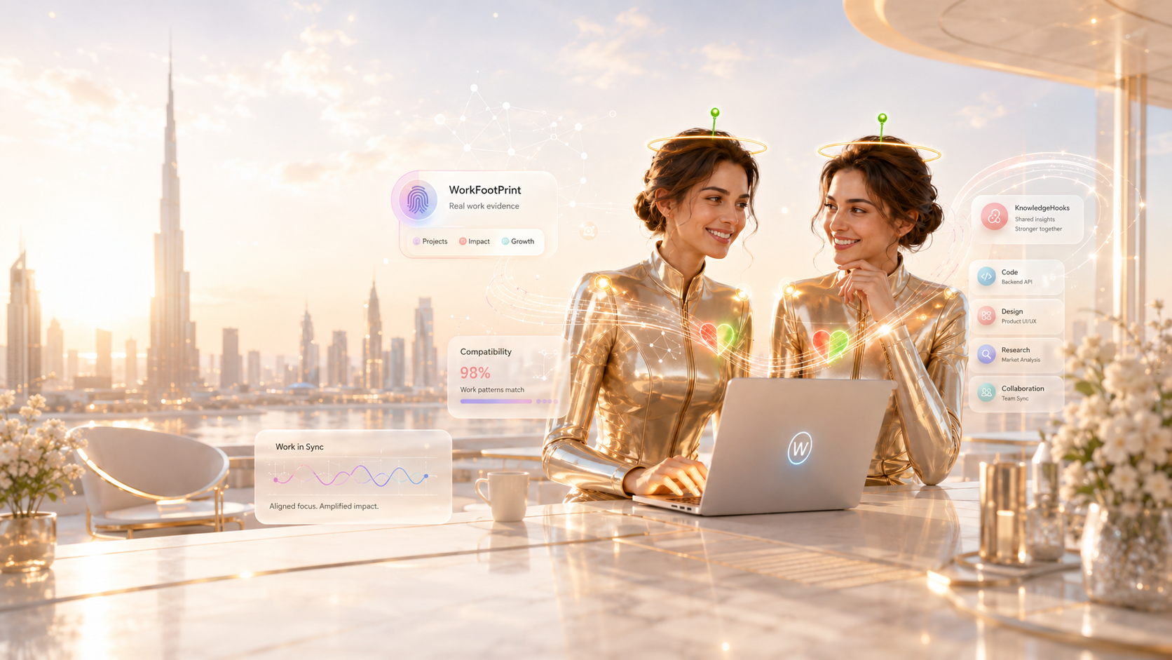 Two matched professionals collaborating in a bright pastel workspace with WorkFootPrint signal overlays showing a 94% compatibility match.